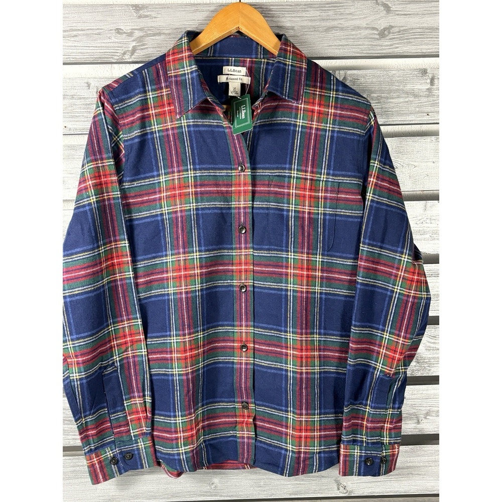 LL Bean Flannel Shirt Women M Relaxed Fit Scotch Plaid Long Sleeve Button Up NEW
